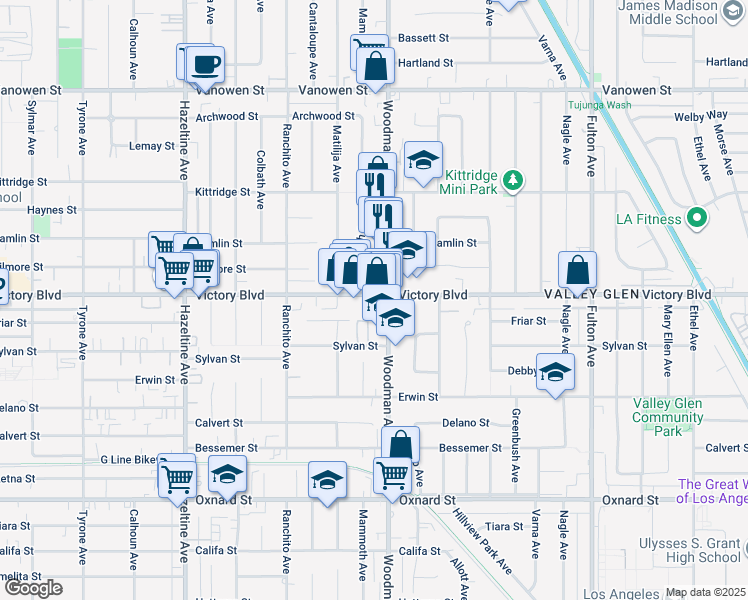 map of restaurants, bars, coffee shops, grocery stores, and more near 13736 Victory Boulevard in Los Angeles