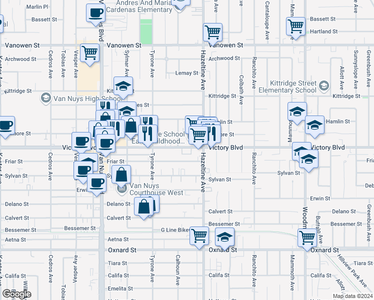 map of restaurants, bars, coffee shops, grocery stores, and more near 14142 Victory Boulevard in Los Angeles