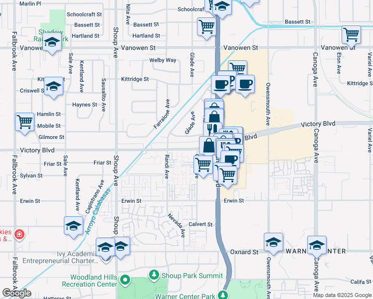 map of restaurants, bars, coffee shops, grocery stores, and more near 22055 Victory Boulevard in Los Angeles