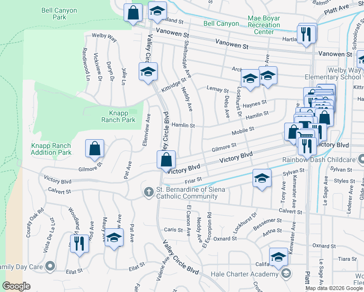 map of restaurants, bars, coffee shops, grocery stores, and more near 6425 Franrivers Avenue in Los Angeles