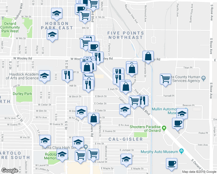map of restaurants, bars, coffee shops, grocery stores, and more near 247 East Ash Street in Oxnard