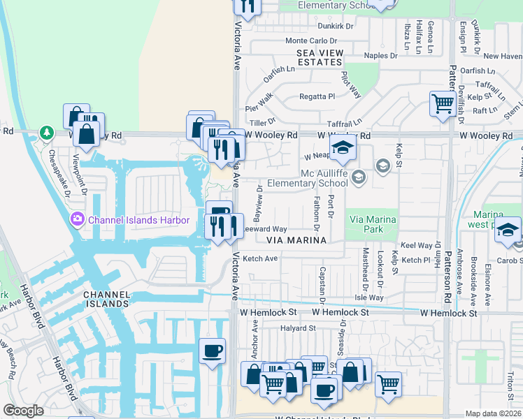 map of restaurants, bars, coffee shops, grocery stores, and more near 1417 Bayview Drive in Oxnard