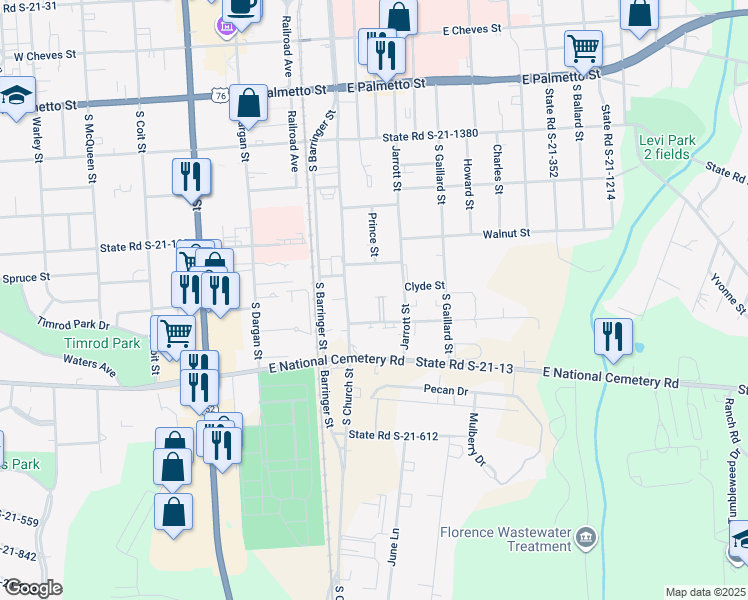 map of restaurants, bars, coffee shops, grocery stores, and more near 617 Jarrott Street in Florence
