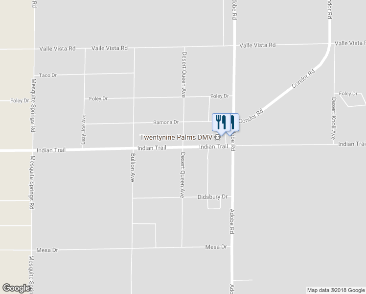 map of restaurants, bars, coffee shops, grocery stores, and more near 3649 Desert Queen Avenue in Twentynine Palms