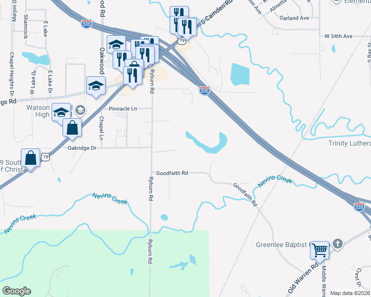 map of restaurants, bars, coffee shops, grocery stores, and more near 4205 Ryburn Road in Pine Bluff