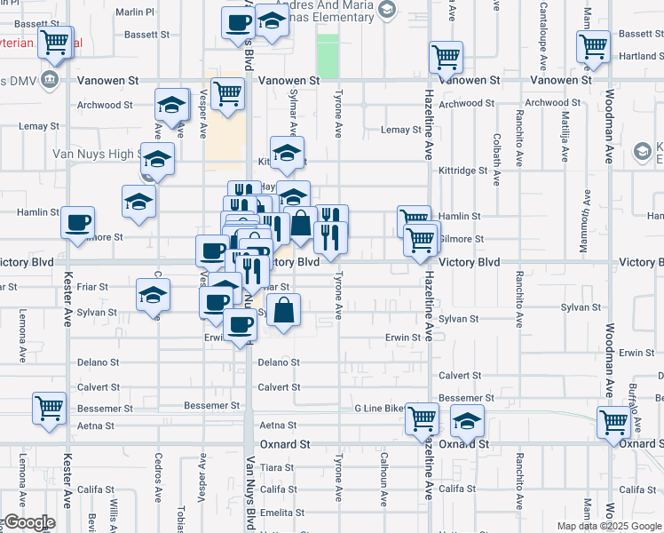 map of restaurants, bars, coffee shops, grocery stores, and more near 14308 Victory Boulevard in Los Angeles