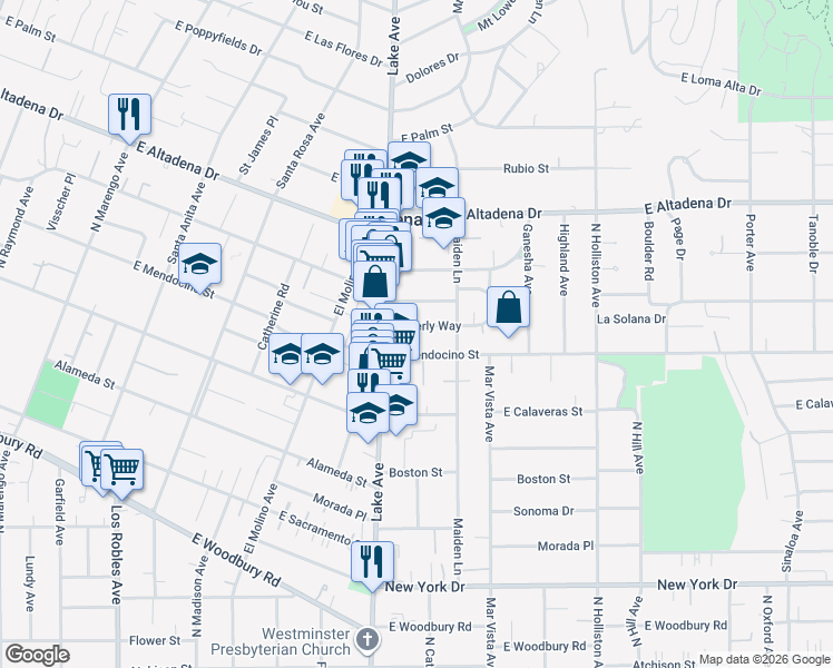 map of restaurants, bars, coffee shops, grocery stores, and more near 952 Beverly Way in Altadena