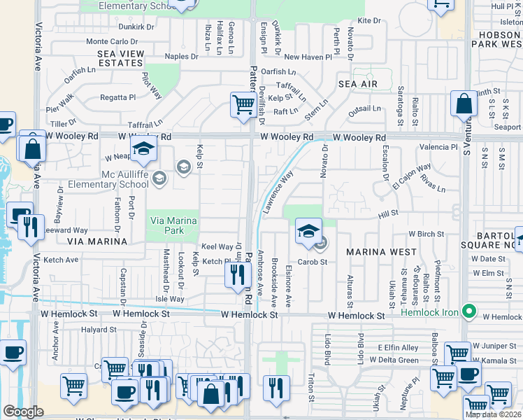 map of restaurants, bars, coffee shops, grocery stores, and more near 1331 Lawrence Way in Oxnard