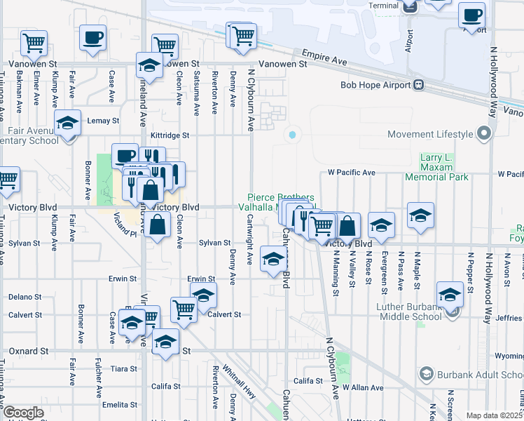 map of restaurants, bars, coffee shops, grocery stores, and more near 10656 Victory Boulevard in Los Angeles