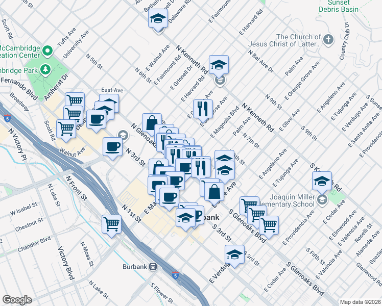 map of restaurants, bars, coffee shops, grocery stores, and more near 465 East Magnolia Boulevard in Burbank