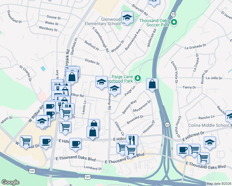 map of restaurants, bars, coffee shops, grocery stores, and more near 617 Beall Street in Thousand Oaks