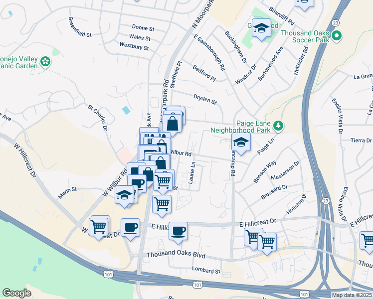 map of restaurants, bars, coffee shops, grocery stores, and more near 187 East Wilbur Road in Thousand Oaks