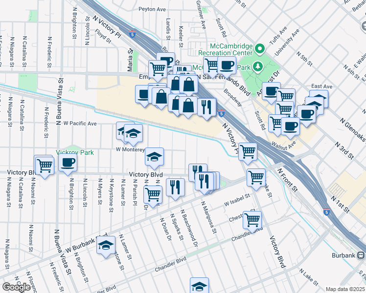 map of restaurants, bars, coffee shops, grocery stores, and more near 1305 North Beachwood Drive in Burbank