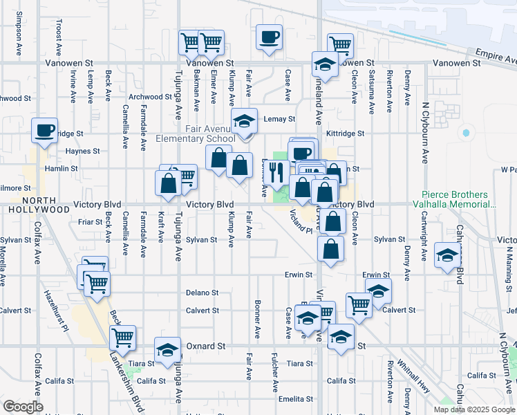 map of restaurants, bars, coffee shops, grocery stores, and more near 11160 Victory Boulevard in Los Angeles