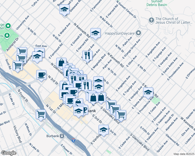 map of restaurants, bars, coffee shops, grocery stores, and more near 556 East Palm Avenue in Burbank