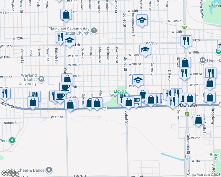 map of restaurants, bars, coffee shops, grocery stores, and more near 1211 West 7th Street in Plainview