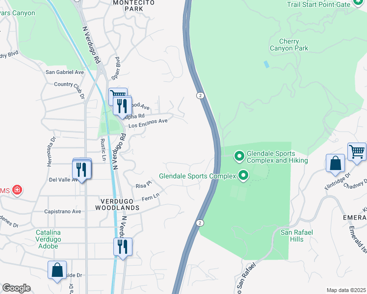 map of restaurants, bars, coffee shops, grocery stores, and more near Vista Del Verde Drive in Glendale