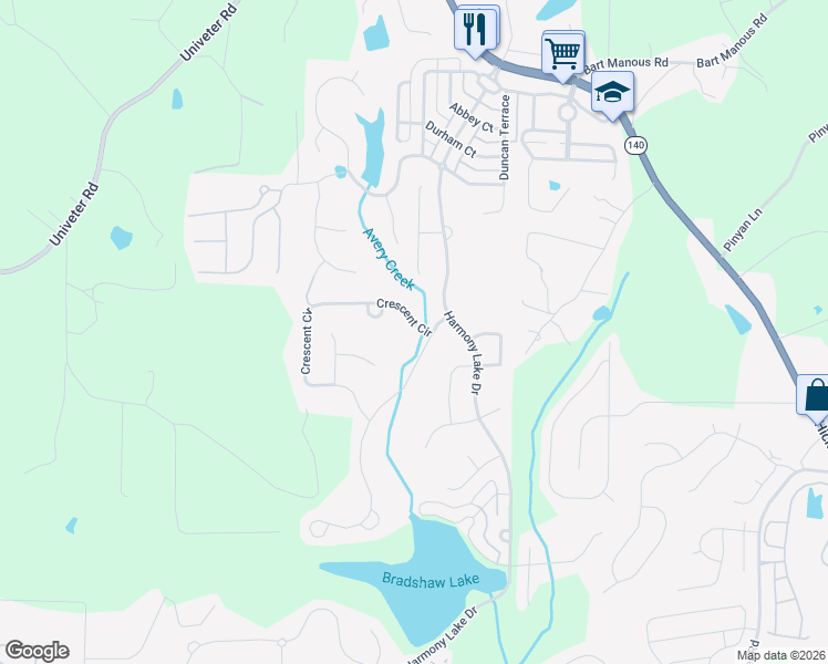 map of restaurants, bars, coffee shops, grocery stores, and more near 701 Crescent Circle in Canton