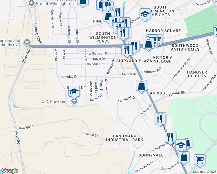 map of restaurants, bars, coffee shops, grocery stores, and more near 2809 Morgan Street in Wilmington