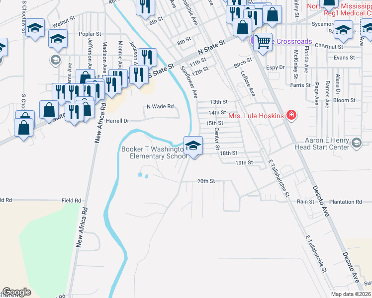 map of restaurants, bars, coffee shops, grocery stores, and more near 1702 Sunflower Avenue in Clarksdale