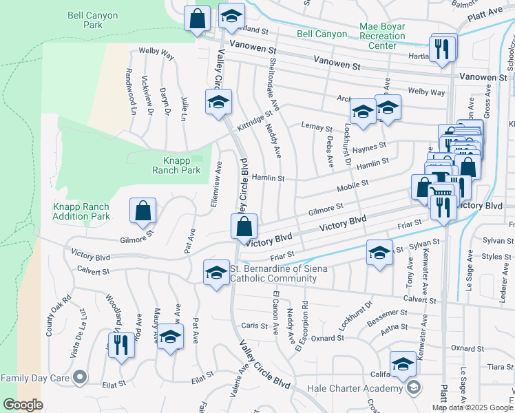 map of restaurants, bars, coffee shops, grocery stores, and more near 6425 Franrivers Avenue in Los Angeles