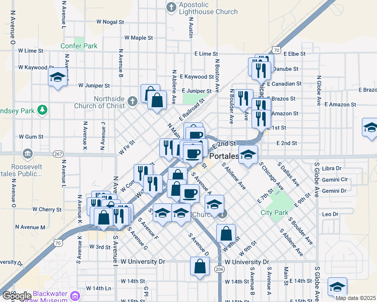 map of restaurants, bars, coffee shops, grocery stores, and more near 116 West 1st Street in Portales