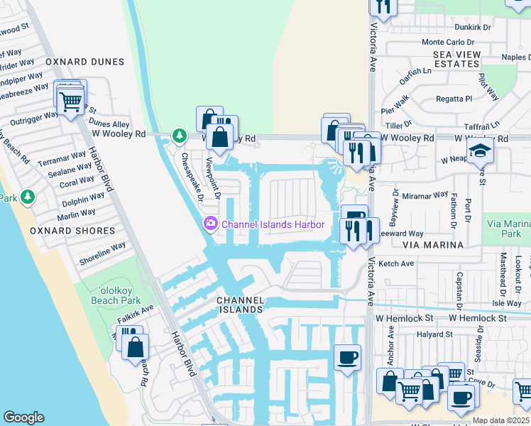 map of restaurants, bars, coffee shops, grocery stores, and more near 1467 Estuary Way in Oxnard