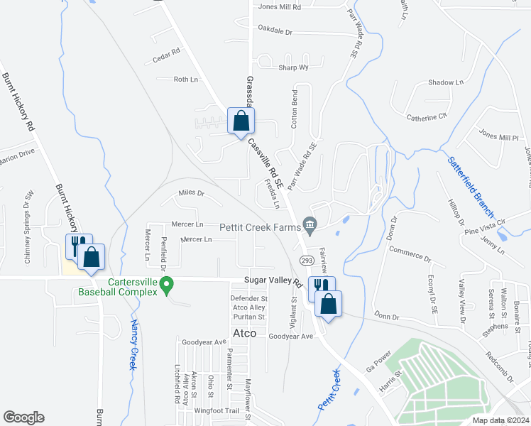 map of restaurants, bars, coffee shops, grocery stores, and more near 18 Hannon Way in Cartersville