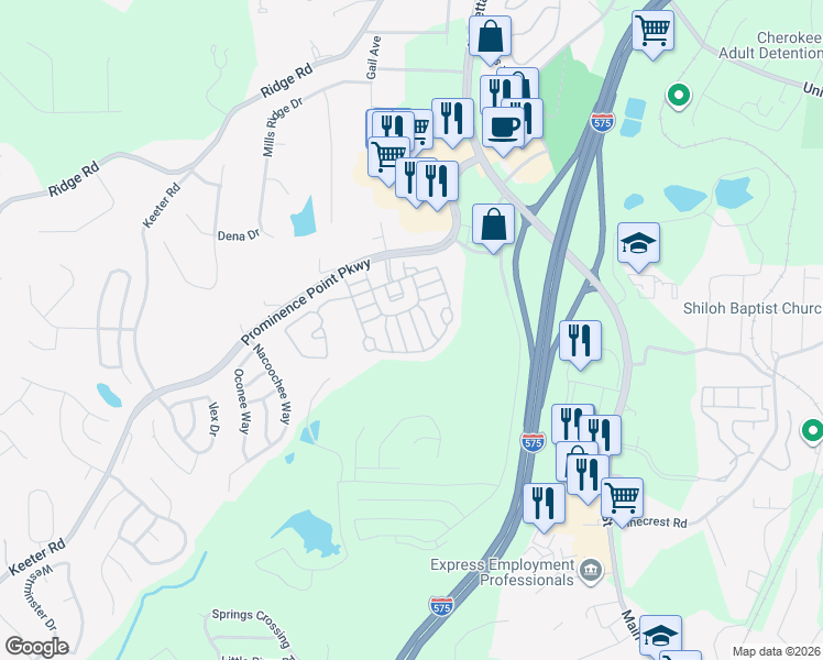 map of restaurants, bars, coffee shops, grocery stores, and more near 107 Plumeria Street in Canton