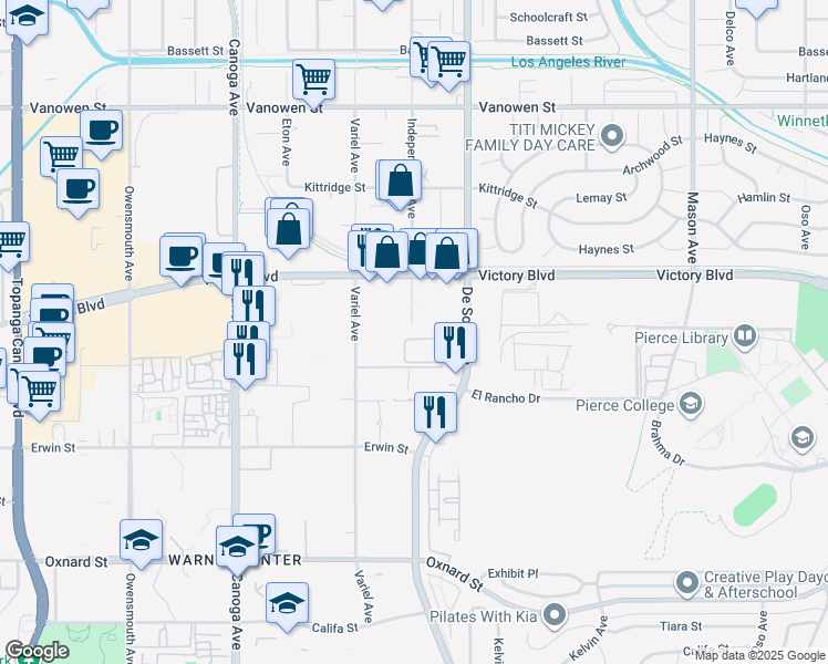 map of restaurants, bars, coffee shops, grocery stores, and more near 6410 Independence Avenue in Los Angeles