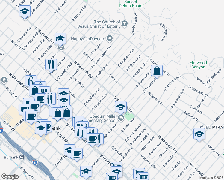 map of restaurants, bars, coffee shops, grocery stores, and more near 810 East Tujunga Avenue in Burbank