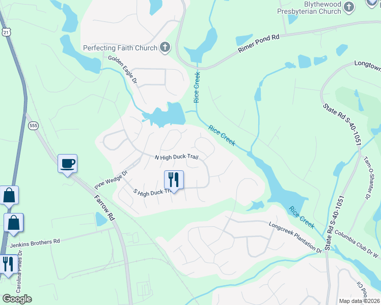 map of restaurants, bars, coffee shops, grocery stores, and more near 3 Knot Drive in Blythewood