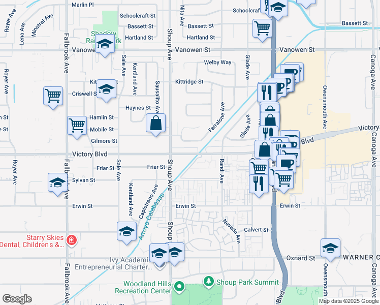 map of restaurants, bars, coffee shops, grocery stores, and more near 22321 Victory Boulevard in Los Angeles