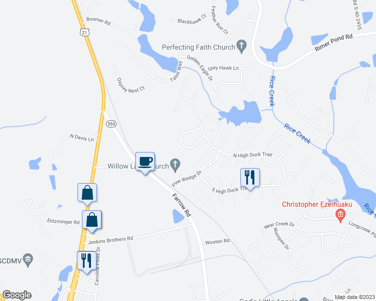 map of restaurants, bars, coffee shops, grocery stores, and more near 1037 Butter Cup Circle in Blythewood