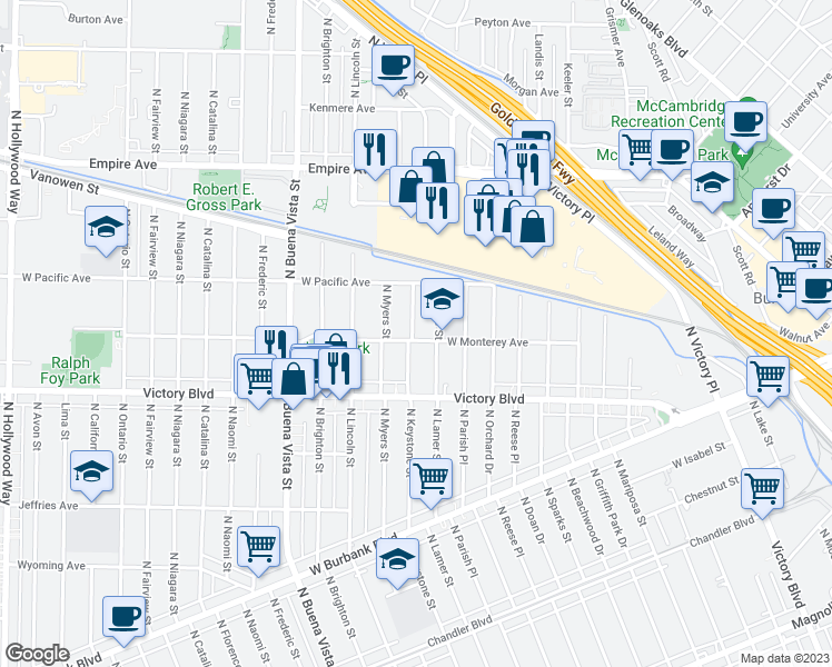 map of restaurants, bars, coffee shops, grocery stores, and more near 2017 West Monterey Avenue in Burbank