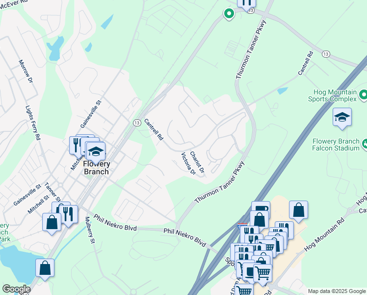 map of restaurants, bars, coffee shops, grocery stores, and more near 4807 Clarkstone Drive in Flowery Branch