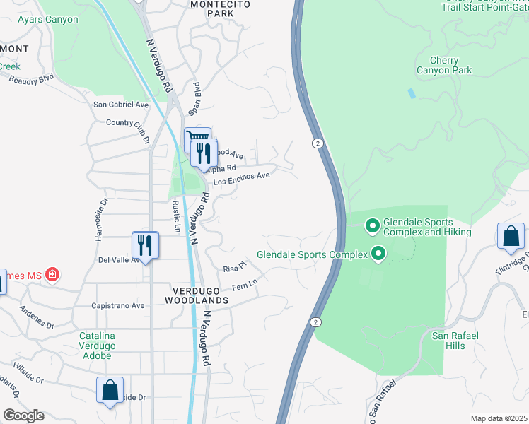 map of restaurants, bars, coffee shops, grocery stores, and more near Pasa Glen Drive in Glendale