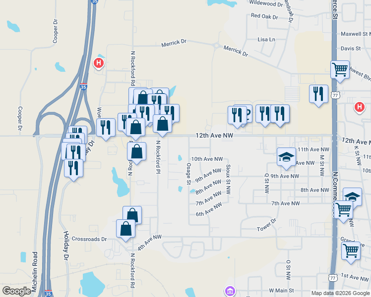 map of restaurants, bars, coffee shops, grocery stores, and more near 1021 Osage St in Ardmore