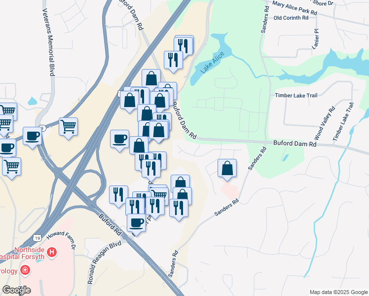 map of restaurants, bars, coffee shops, grocery stores, and more near 607 Leland Parkway in Cumming