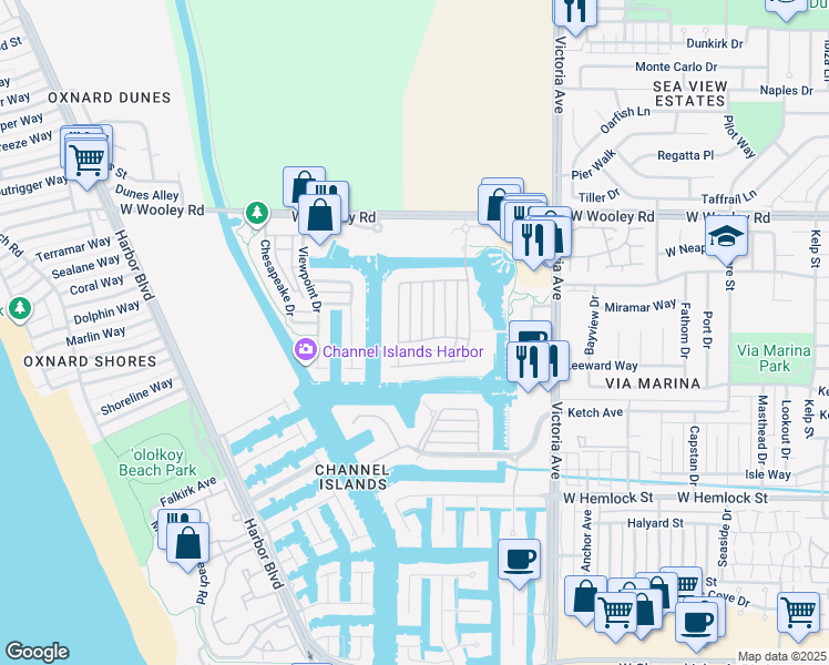 map of restaurants, bars, coffee shops, grocery stores, and more near 1467 Estuary Way in Oxnard