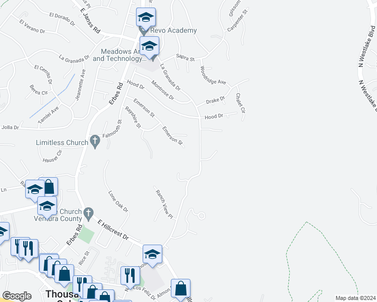 map of restaurants, bars, coffee shops, grocery stores, and more near 776 Emerson Street in Thousand Oaks