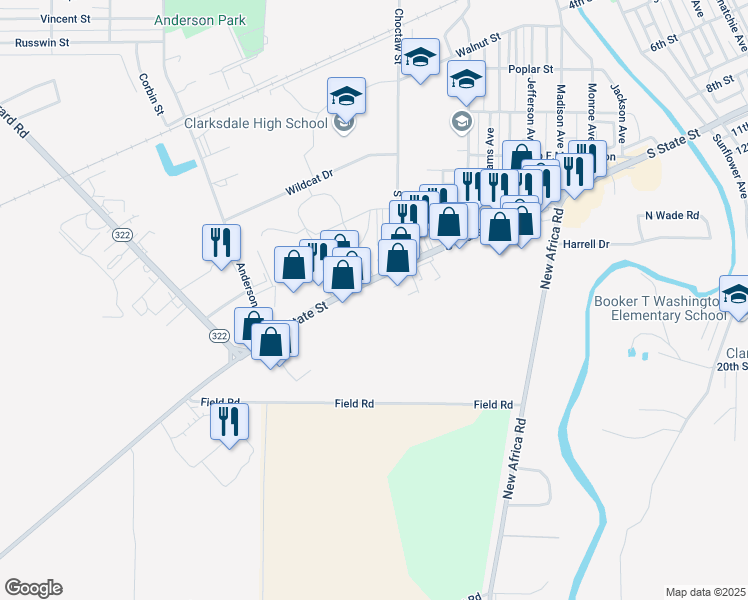 map of restaurants, bars, coffee shops, grocery stores, and more near 710 South State Street in Clarksdale