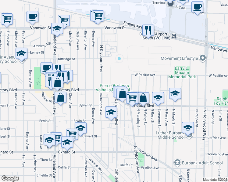 map of restaurants, bars, coffee shops, grocery stores, and more near 10621 Victory Boulevard in Los Angeles