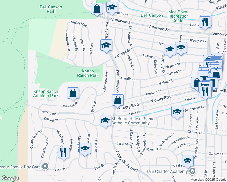 map of restaurants, bars, coffee shops, grocery stores, and more near 6431 Lemay Street in Los Angeles