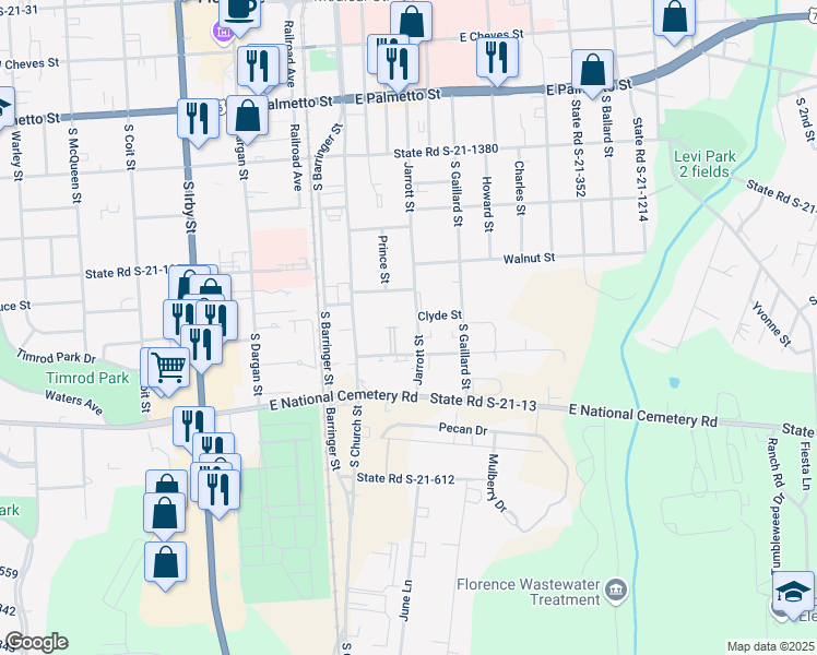 map of restaurants, bars, coffee shops, grocery stores, and more near 617 Jarrott Street in Florence