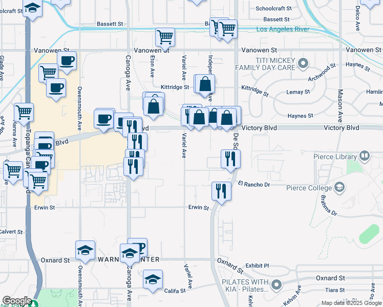 map of restaurants, bars, coffee shops, grocery stores, and more near 6411 Independence Avenue in Los Angeles