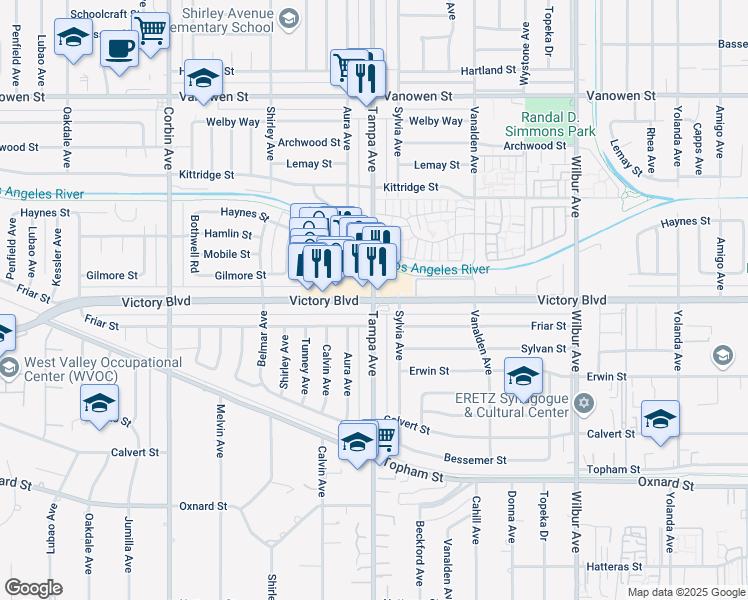 map of restaurants, bars, coffee shops, grocery stores, and more near Victory Blvd & Tampa Ave in Los Angeles