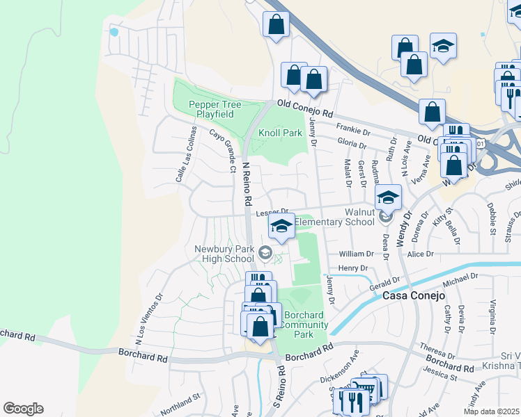 map of restaurants, bars, coffee shops, grocery stores, and more near 3681 Lesser Drive in Thousand Oaks