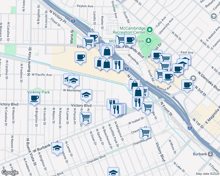 map of restaurants, bars, coffee shops, grocery stores, and more near 1311 North Griffith Park Drive in Burbank