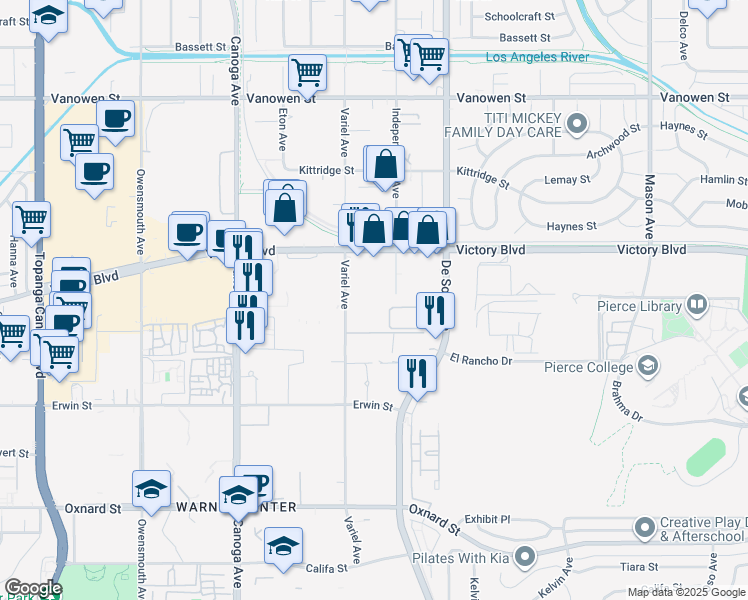 map of restaurants, bars, coffee shops, grocery stores, and more near 6411 Independence Avenue in Los Angeles